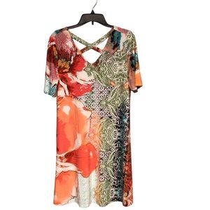 Chico’s Floral Cross Back Tropical Stretch Knit V-Neck dress size 1